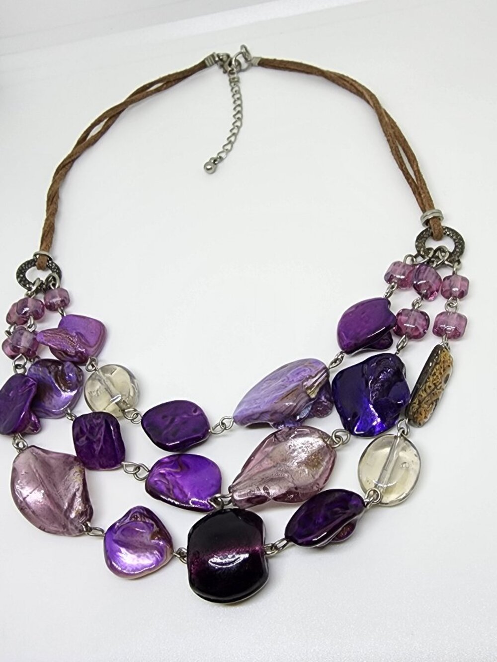 Purple Glass and Abalone Mother-of-Pearl Triple Strand Leather Chain Necklace - Picture 14 of 14